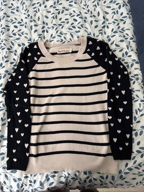 Hanna Andersson 100% Cotton Black and Beige Striped Sweater with Heart Sleeve